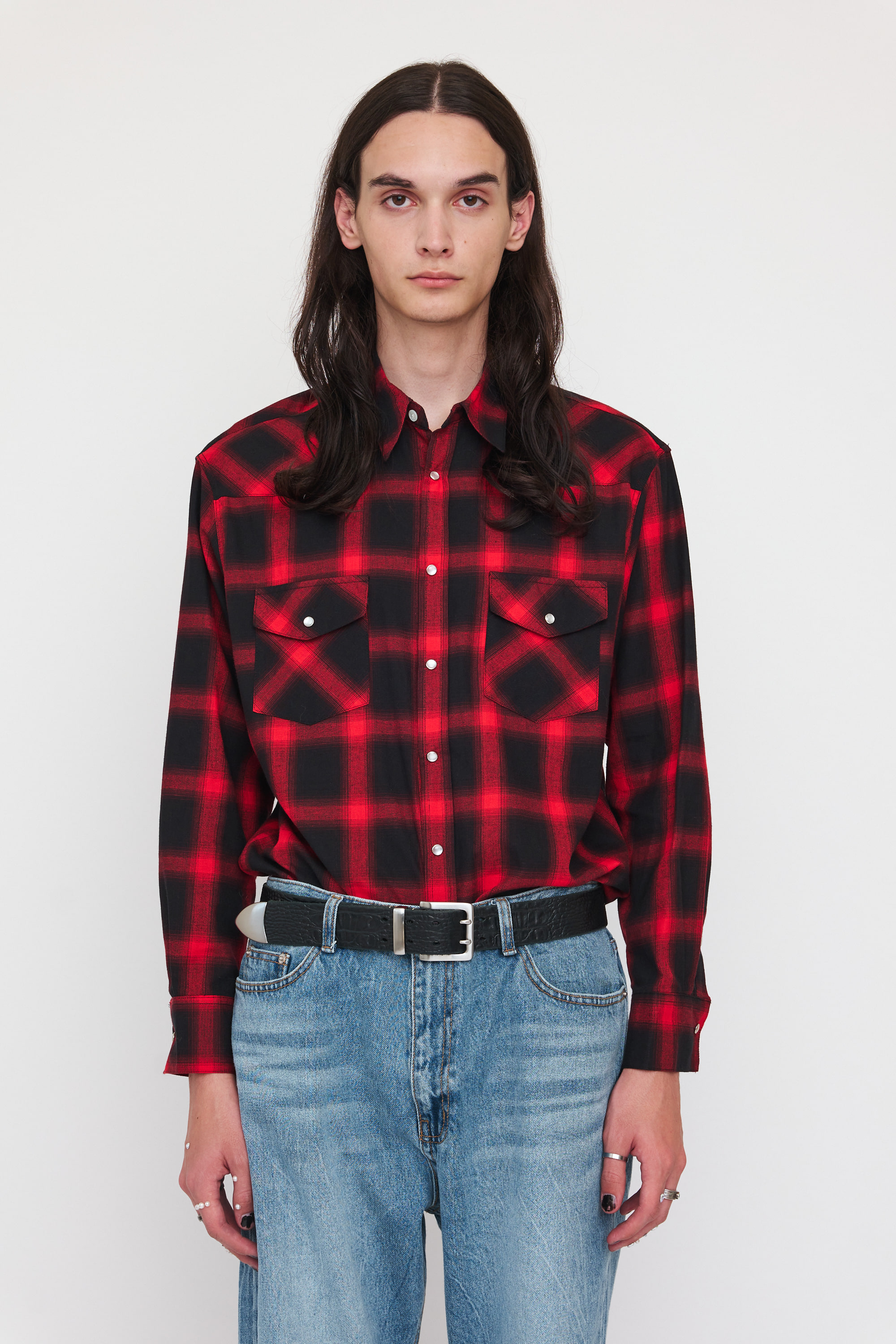 Western cotton check shirts [red]